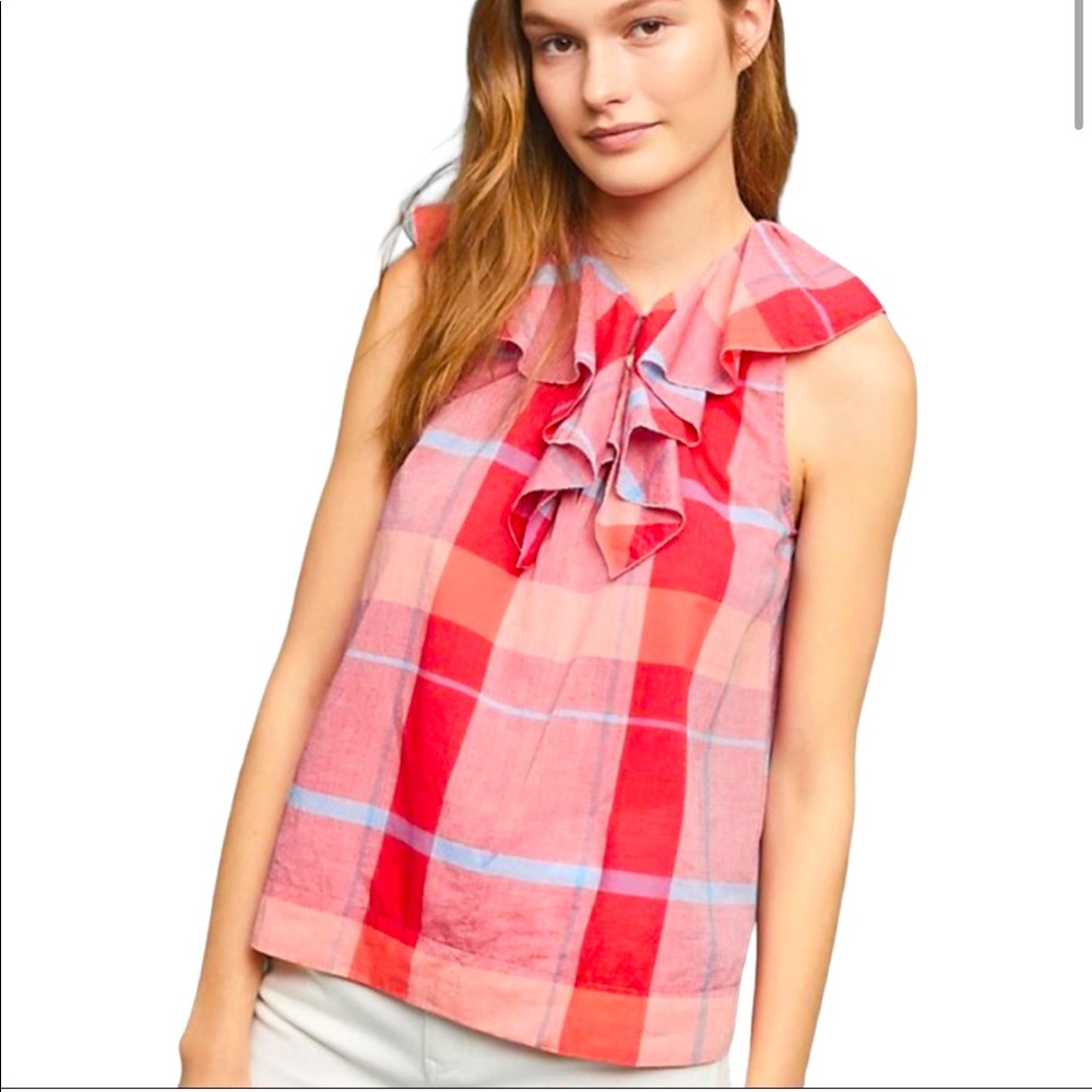 Anthropologie Isabella Sinclair Pink/Red/Blue Plaid Ruffle Cotton Top Medium